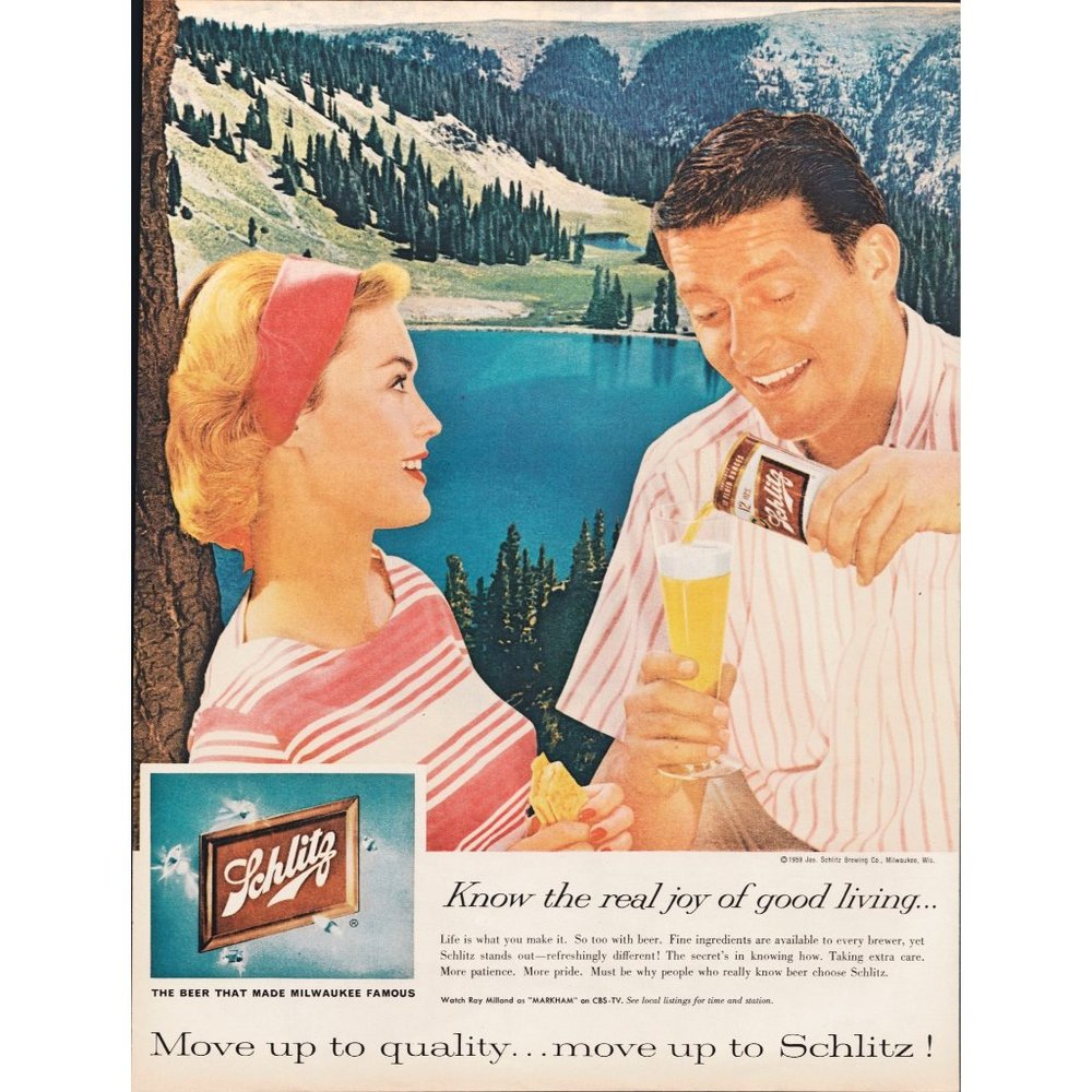 1959 Schlitz Beer Joy of Good Living Vintage Print Ad Mountains Lake Wall Art
